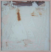 Piège temporel, 1996 Dans une boîte recouverte d'un verre imprimé en sérigraphie, du sel s'imprègne de l'oxyde de fer formant le fond, œuvre évolutive. Format 40/40/4 cm. 10 exemplaires signés et numérotés.